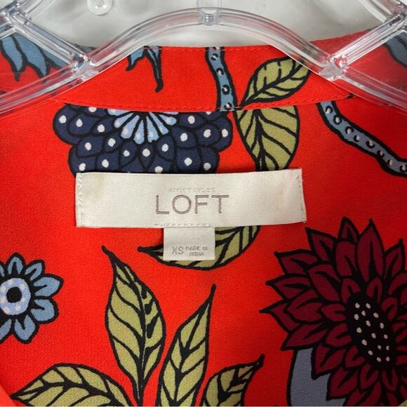 Loft orange blue floral chiffon pleated preppy office button blouse oversized XS - Picture 5 of 7